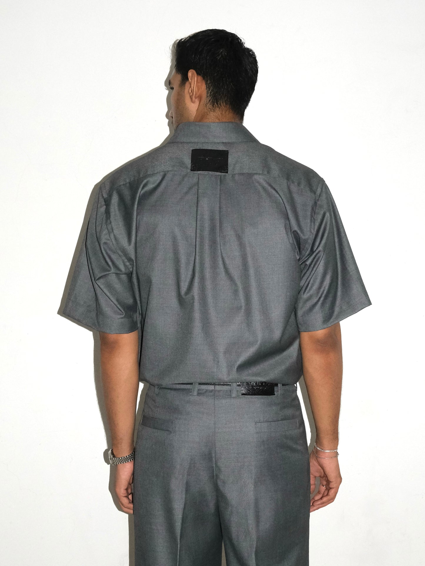 Tailored Wool blend Half Sleeves Shirt - Grey