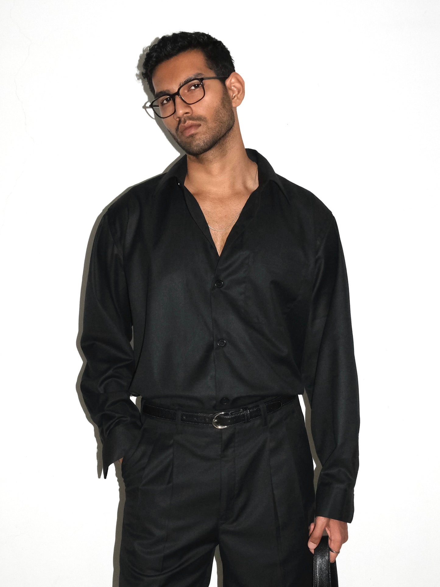 Tailored Wool blend Full Sleeves Shirt - Black