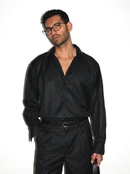 Tailored Wool blend Full Sleeves Shirt - Black