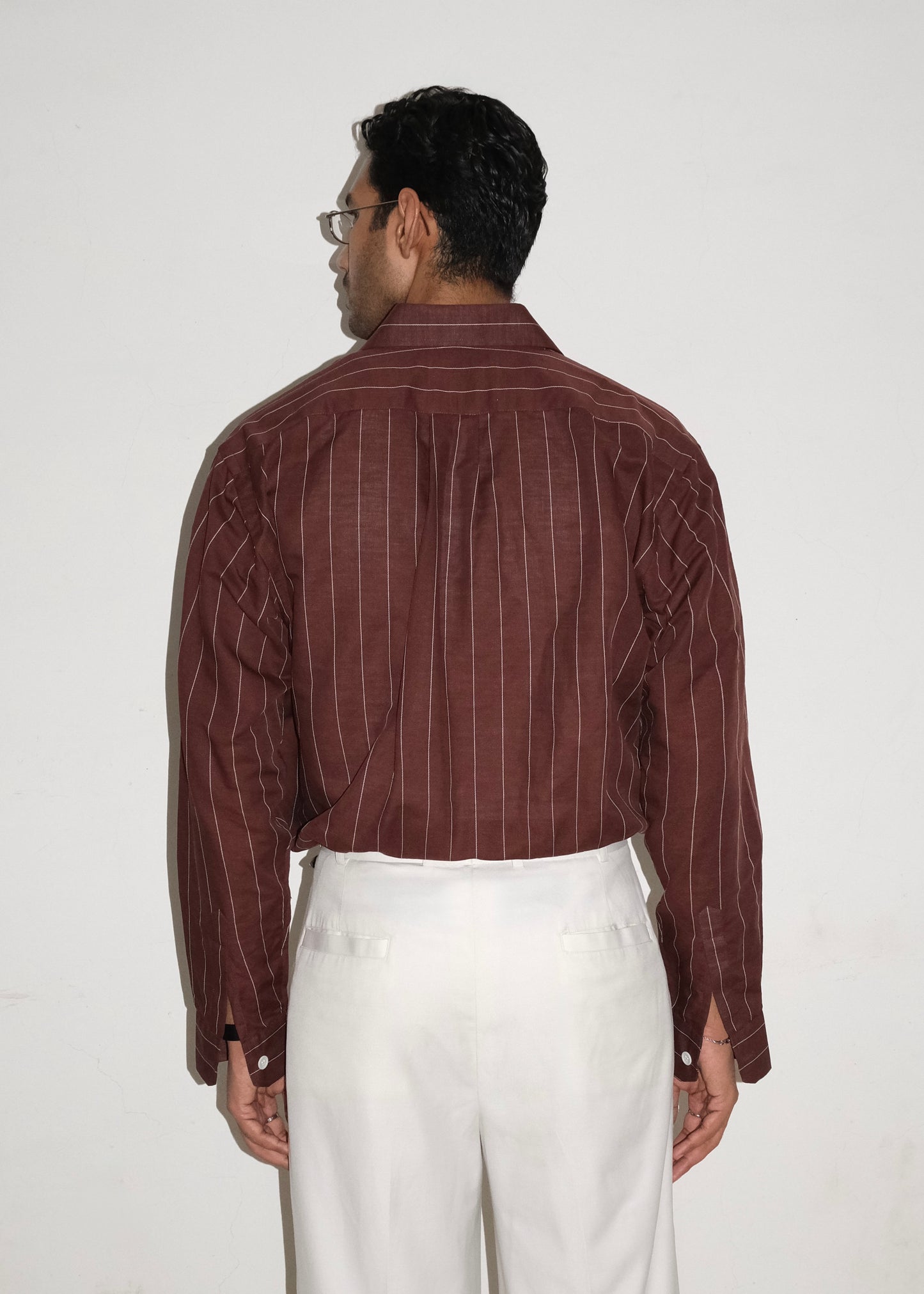 Tailored Linen Cotton Shirt- Brown/White pinstripe